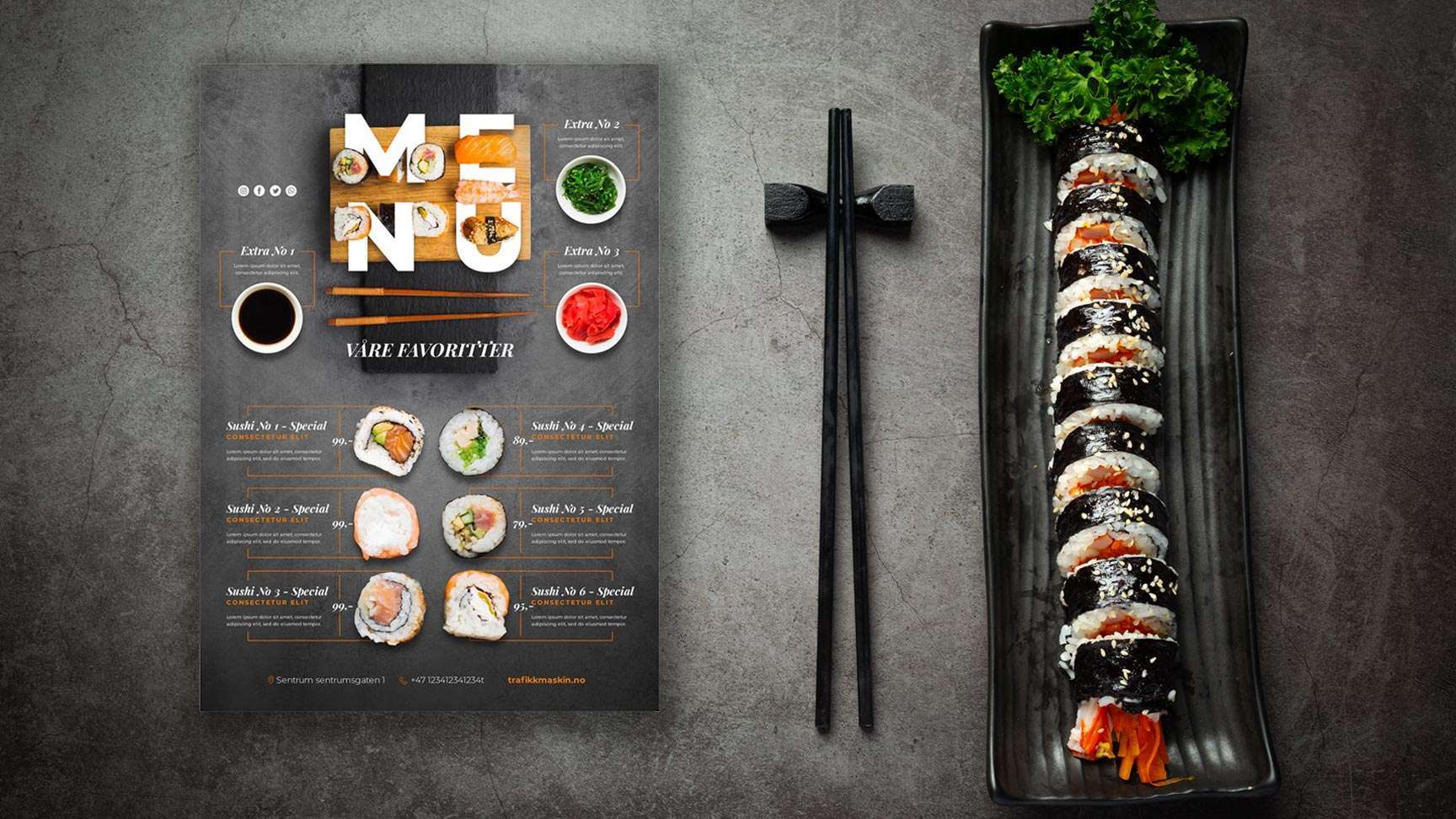 Design av restaurant meny for sushi restaurant og kina og asia restaurant.