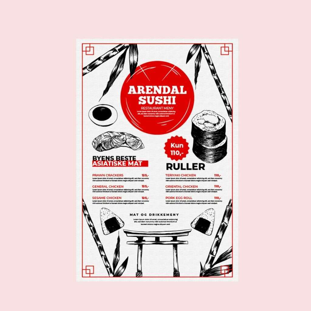 sushi restaurant meny design. Designet I Norge billig og rask meny design.